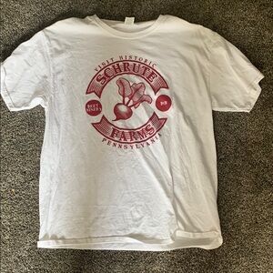 White T-Shirt with Red Schrute Farms Print